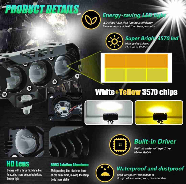 خرید و قیمت پرژکتور 3 لنز آفرودی مدل V_3 فن دار ۲ حالته 40W